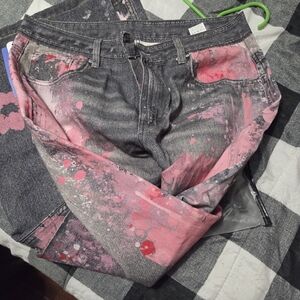 Paint-Splatter Gray + Pink Denim Jeans
